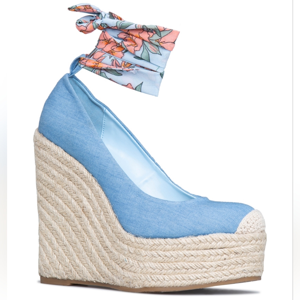 Shoe Dazzle Light Blue Wedge Espadrille with Floral Ankle Tie